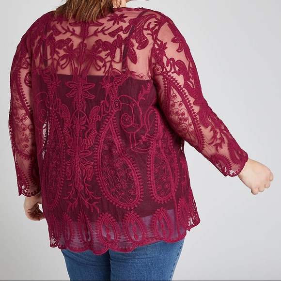 2X 18/20W Beet Red Embroidered Mesh Tunic - Picture 3 of 9